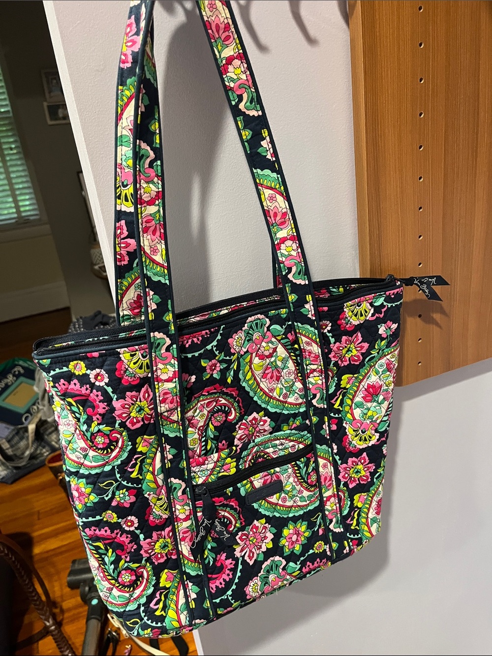 Vera Bradley Floral Quilted Tote Bag - Black with Pink & Green